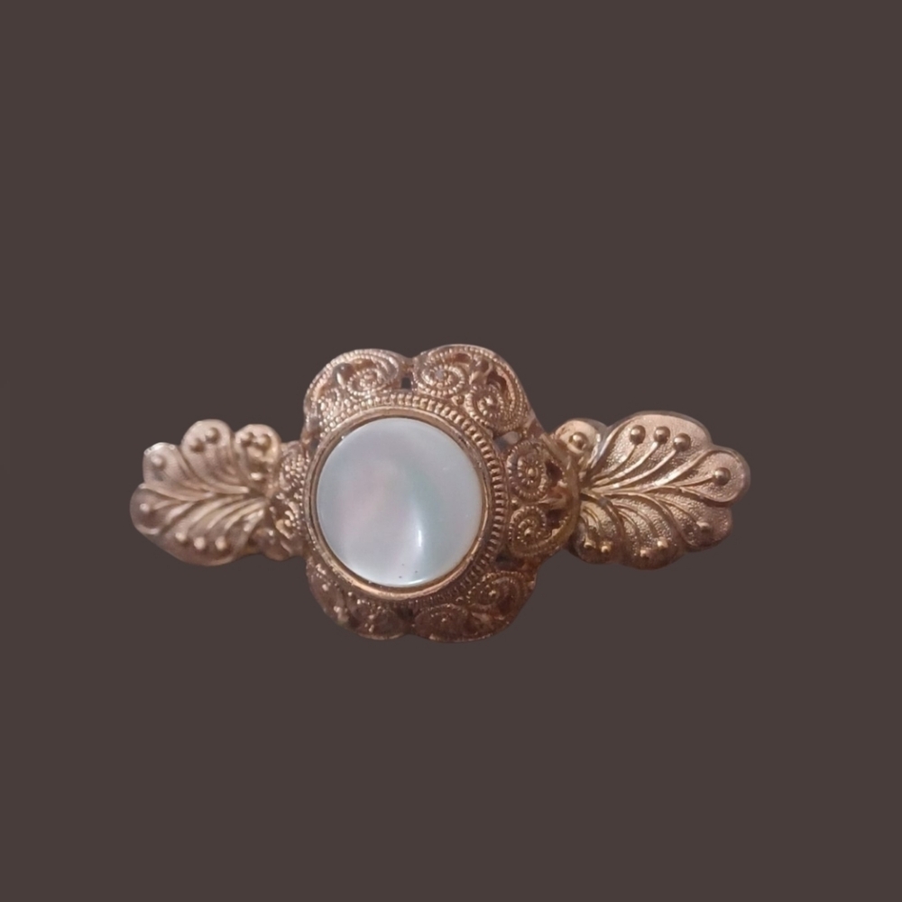 Vintage Mother of Pearl and Gold Tone Filigree Floral Domed Bar Brooch